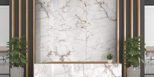 Office Reception Desk Mockup front view interior design Kozani Crema ceramic worktops as cladding from lamar