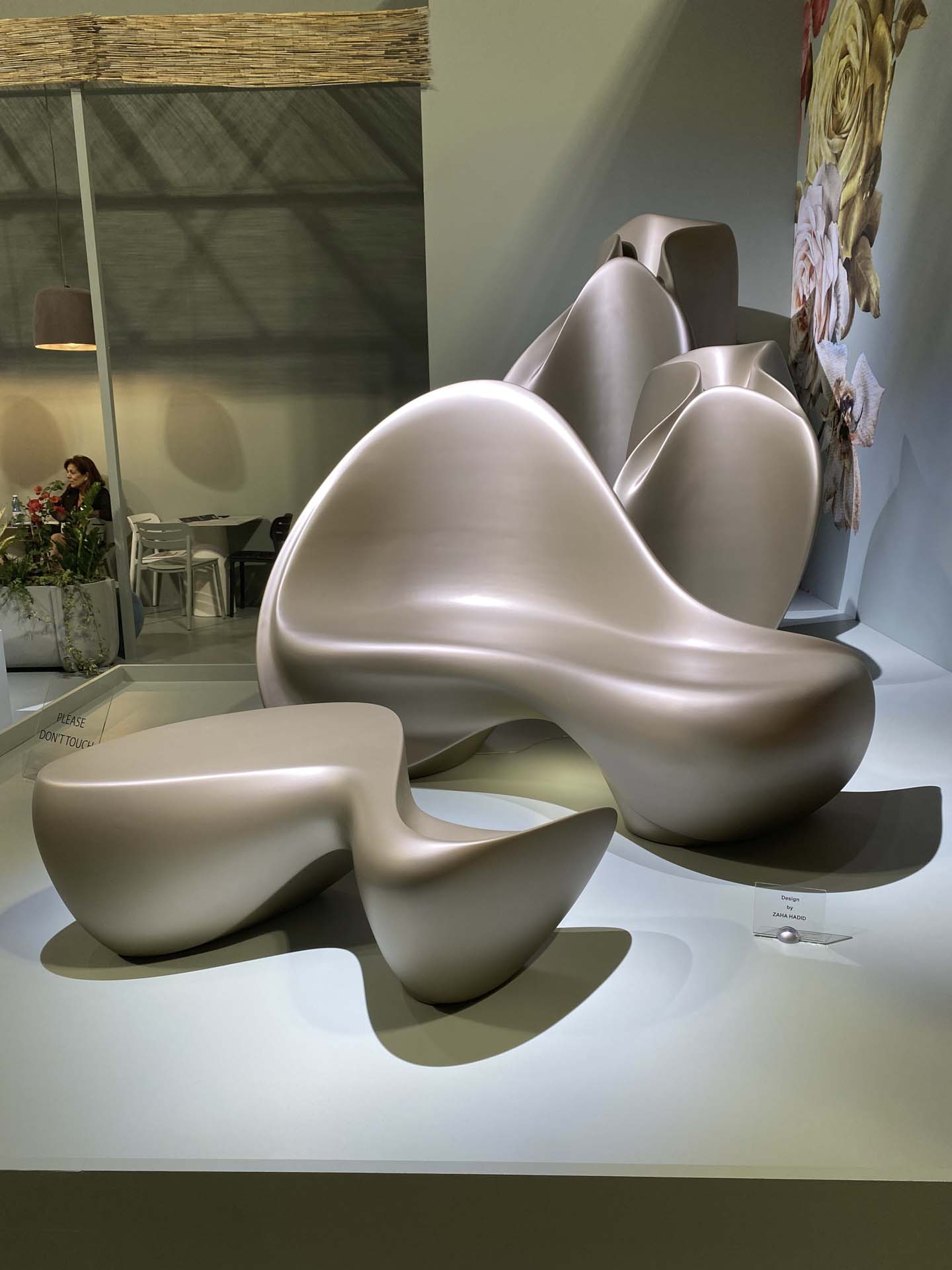 Cassie and Naomi at the Milan Design show the best quartz worktops company curved furniture