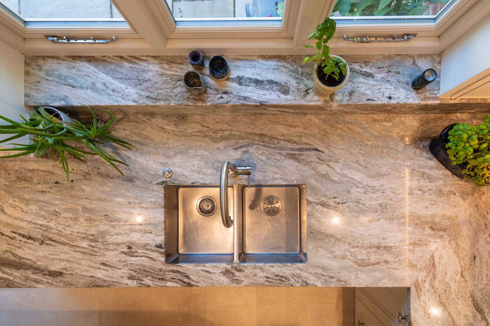 kitchen sink run from above showing windowsill Nick Geard Furniture Terra Bianca Granite worktops near me Dolomite