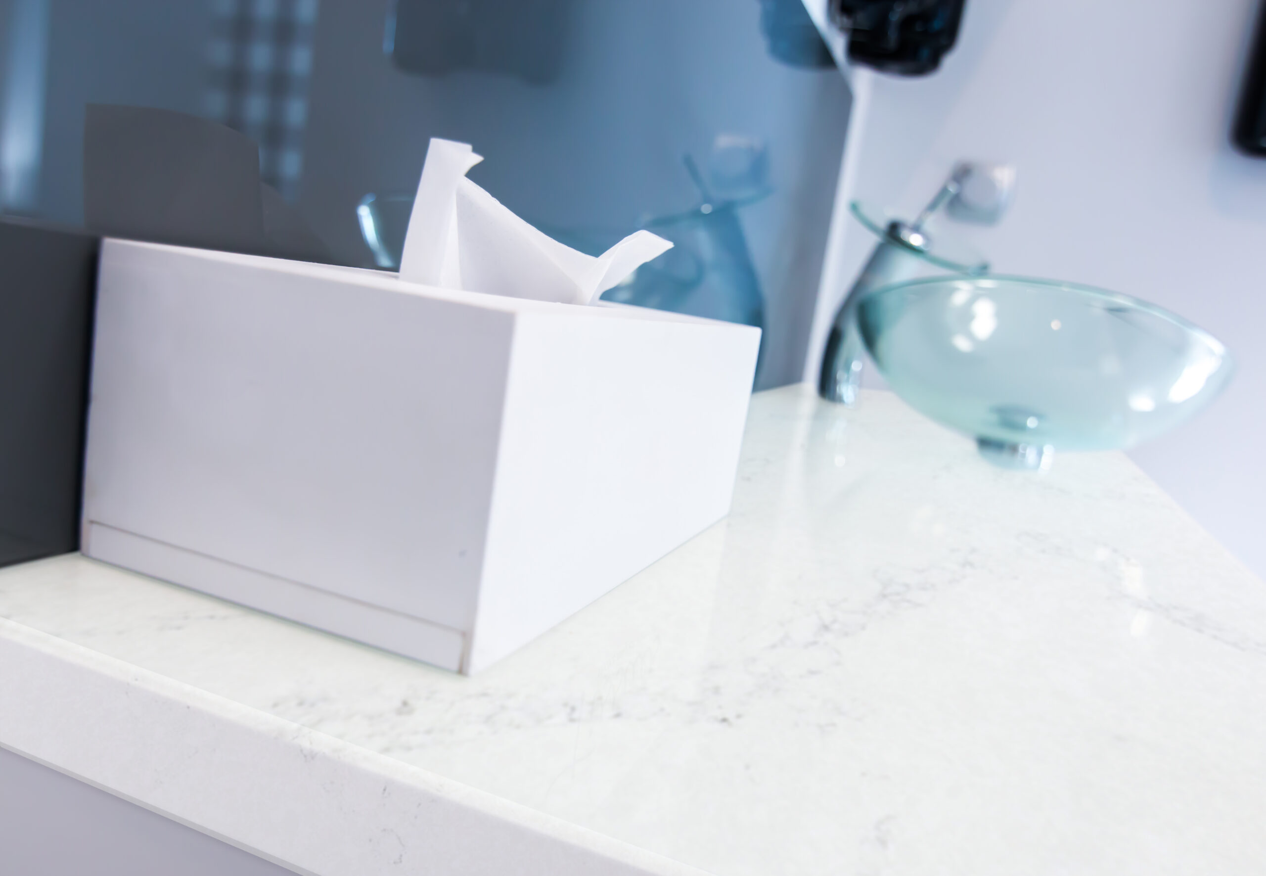 Radianz-Orion-Bathroom side(300dpi) A tissue box sat on a Radianz Orion worktop. Not installed by Affordable Granite