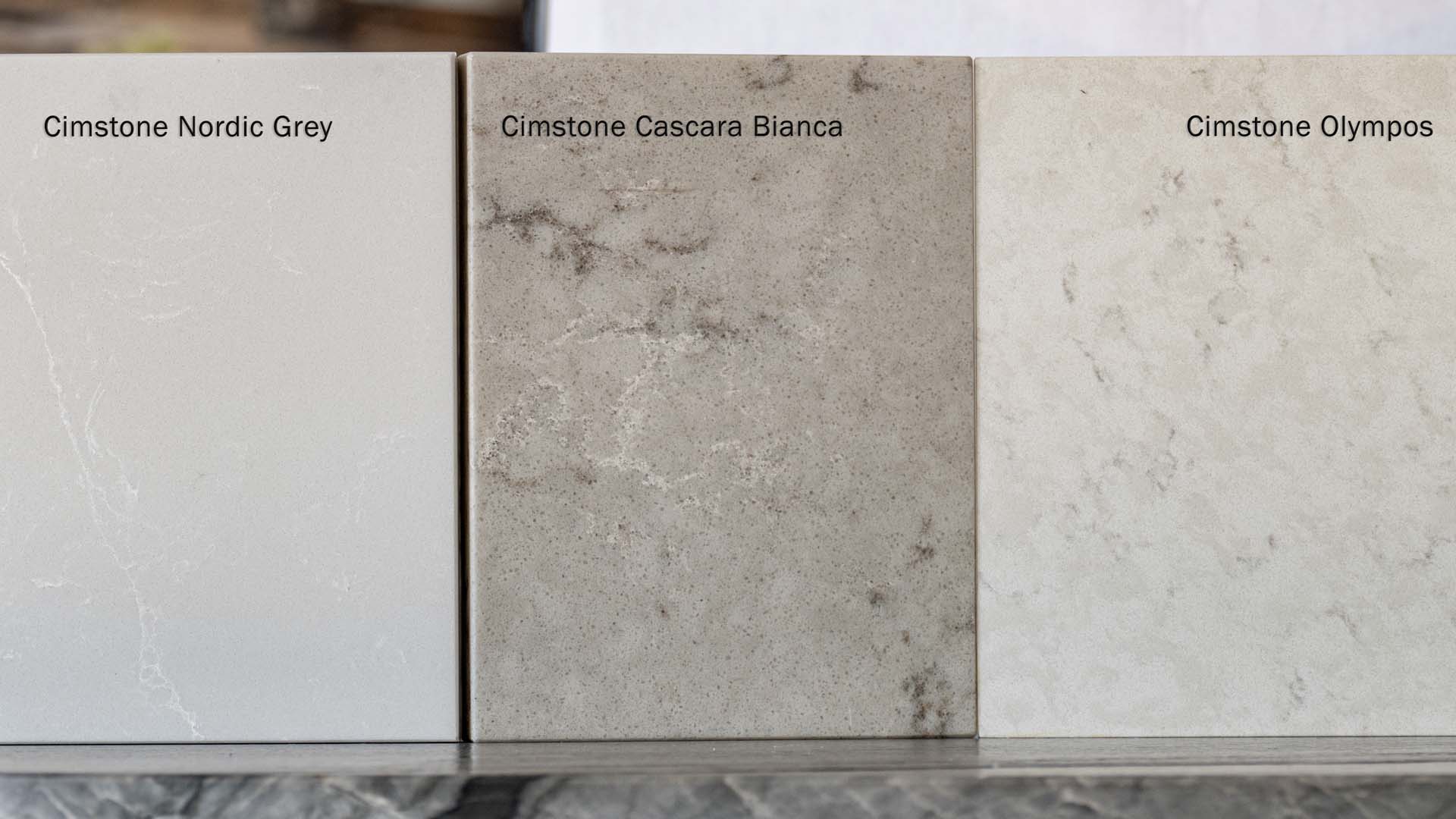 Samples of Nordic Grey Cascara Bianca Olympos Cimstone Quartz Worktops Special Offer June 2024