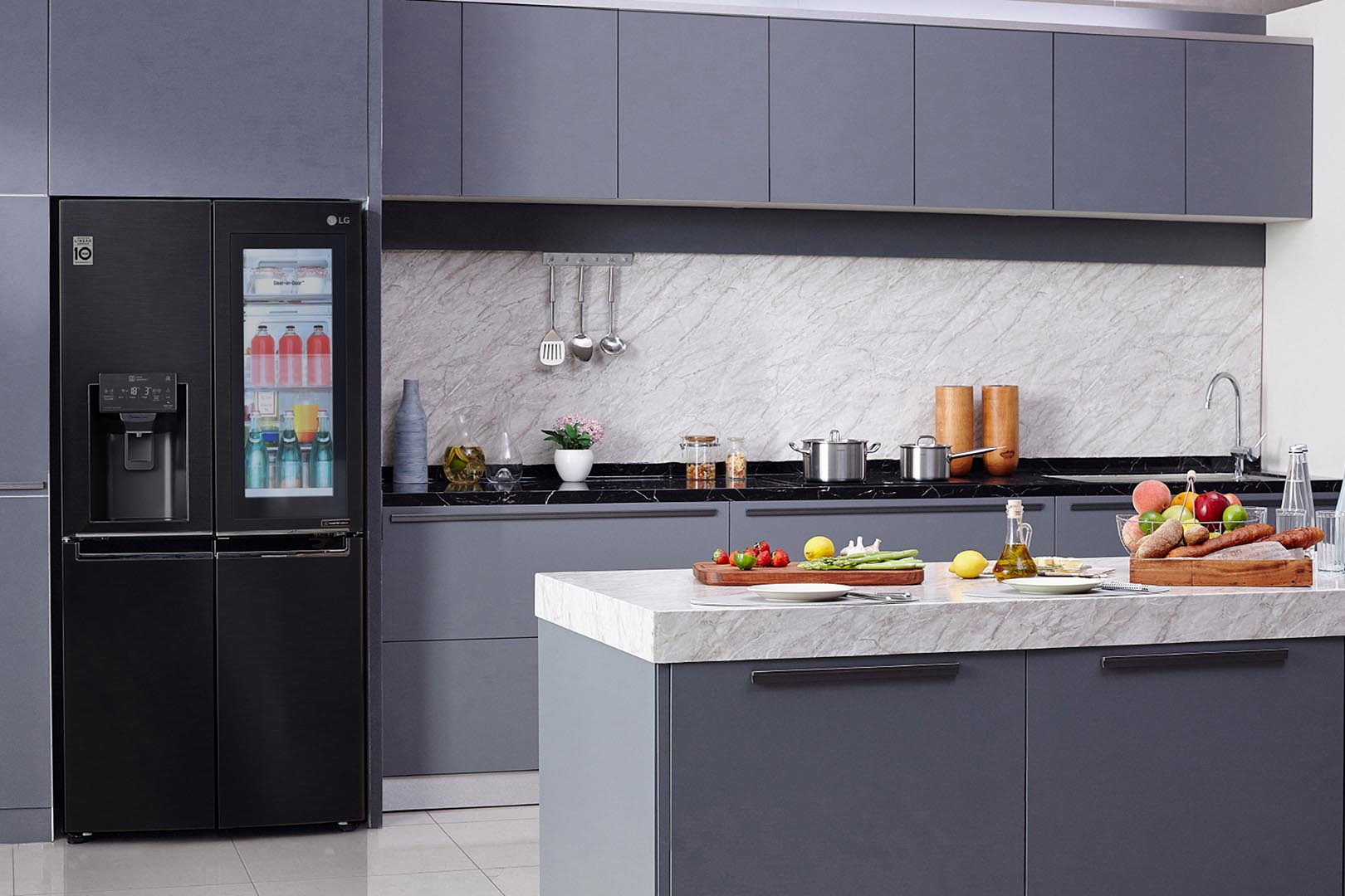 granite and quartz worktop and kitchen trends Samsung smart fridge