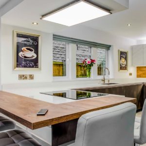 Silestone Eternal Statuario wood breakfast bar on peninsula Silestone Eternal Statuario wood breakfast bar on peninsula
