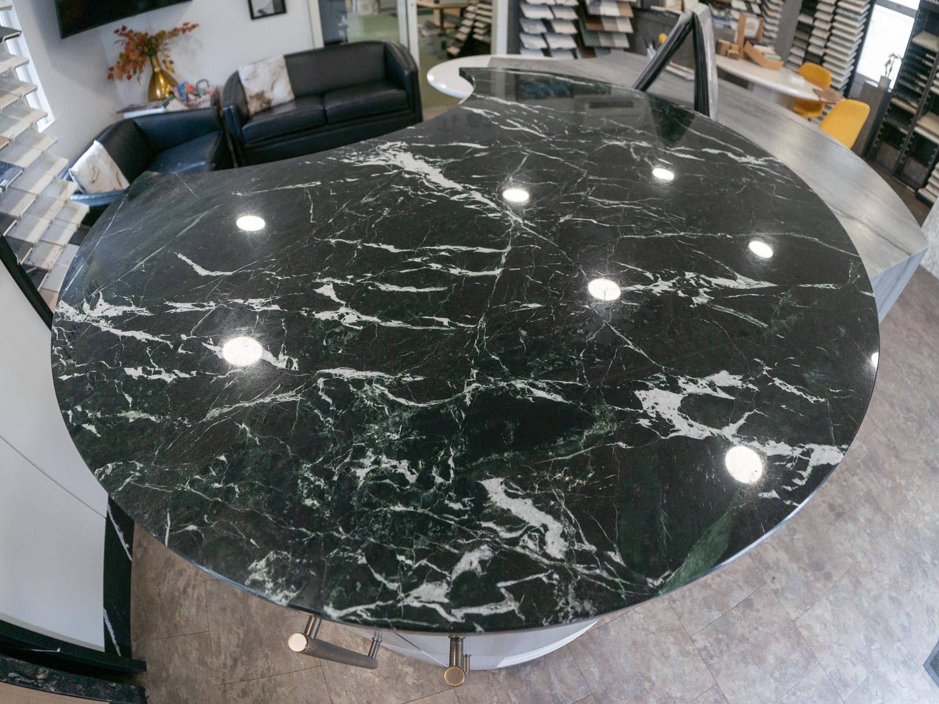 Verde Olomont Marble worktop in AG Showroom Cullifords