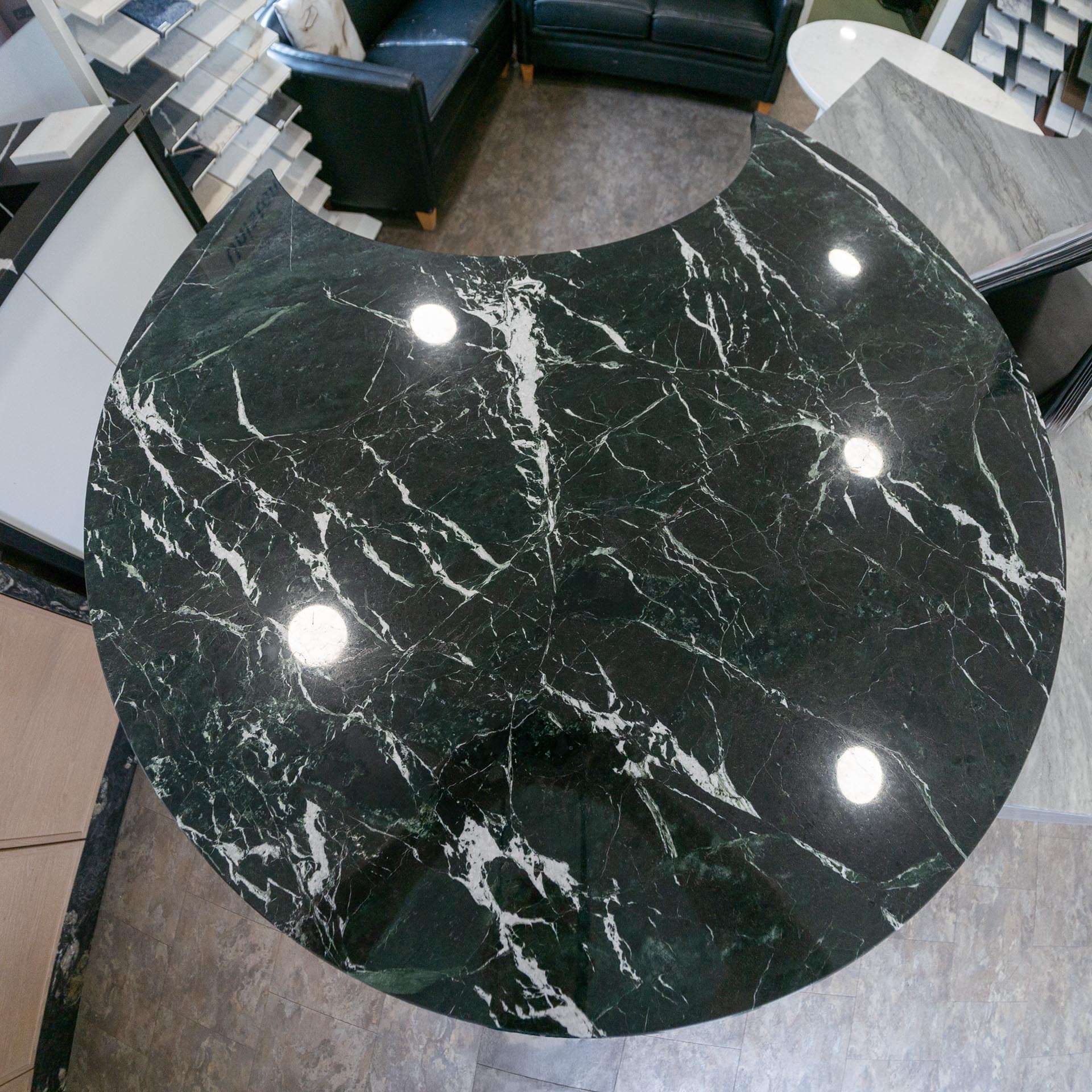 Verde Olomont Marble worktops in AG Showroom. Stone bought from Cullifords