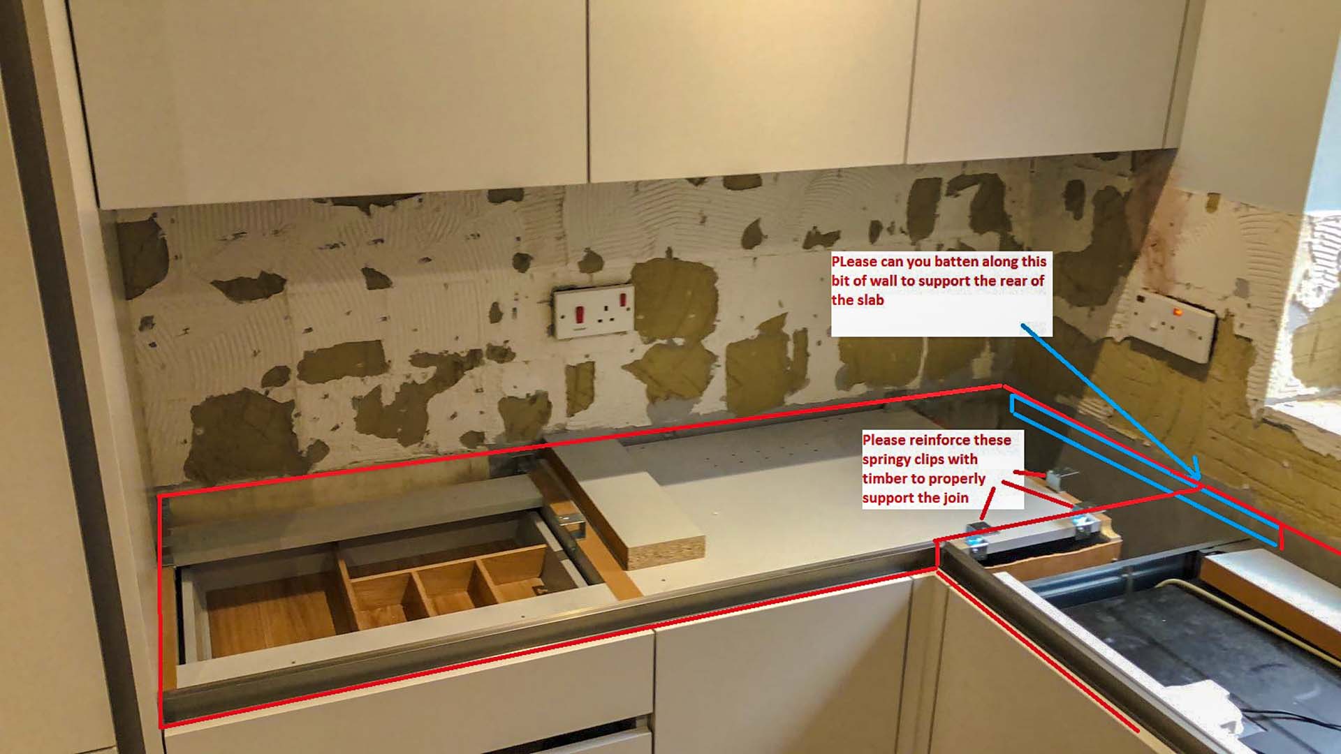 quartz granite worktops kitchen unit support Greatrex Kitchen Support Issues (3)-a